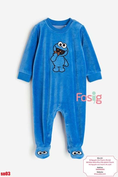  [12-18kg] Sleepsuit Nỉ Có Vớ Cúc Bấm Bé Trai - Xanh Quái Vật 