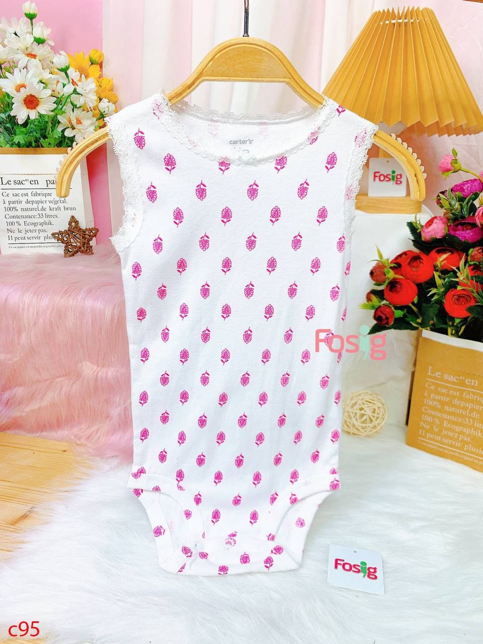  [12-18M] Bodysuit 3 Lỗ Bé Gái Cter50 - Trắng Ren Hoa Tím 