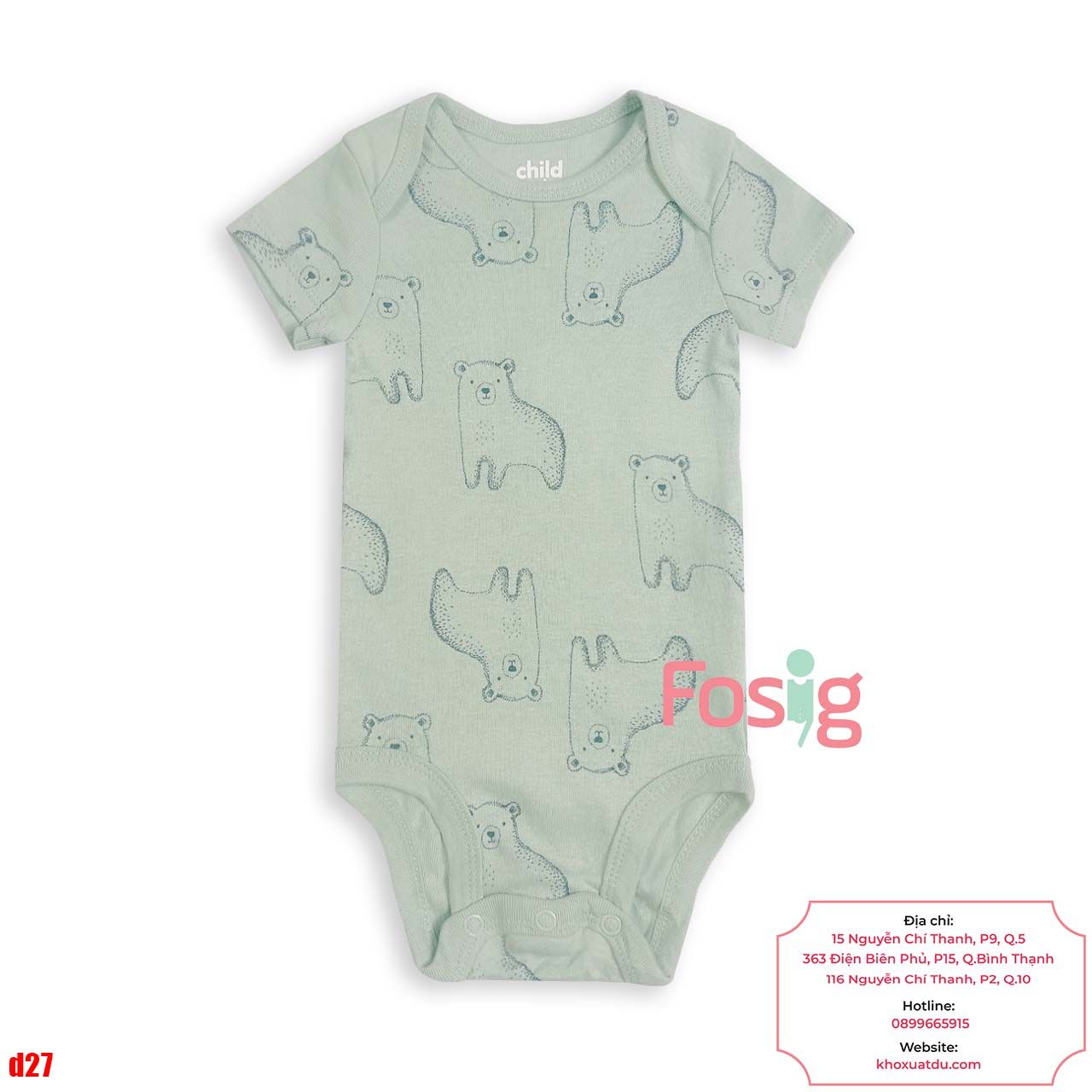  [0-24MBodysuit Tay Ngắn Bé Trai Cter50 - Xanh Rêu Gấu 