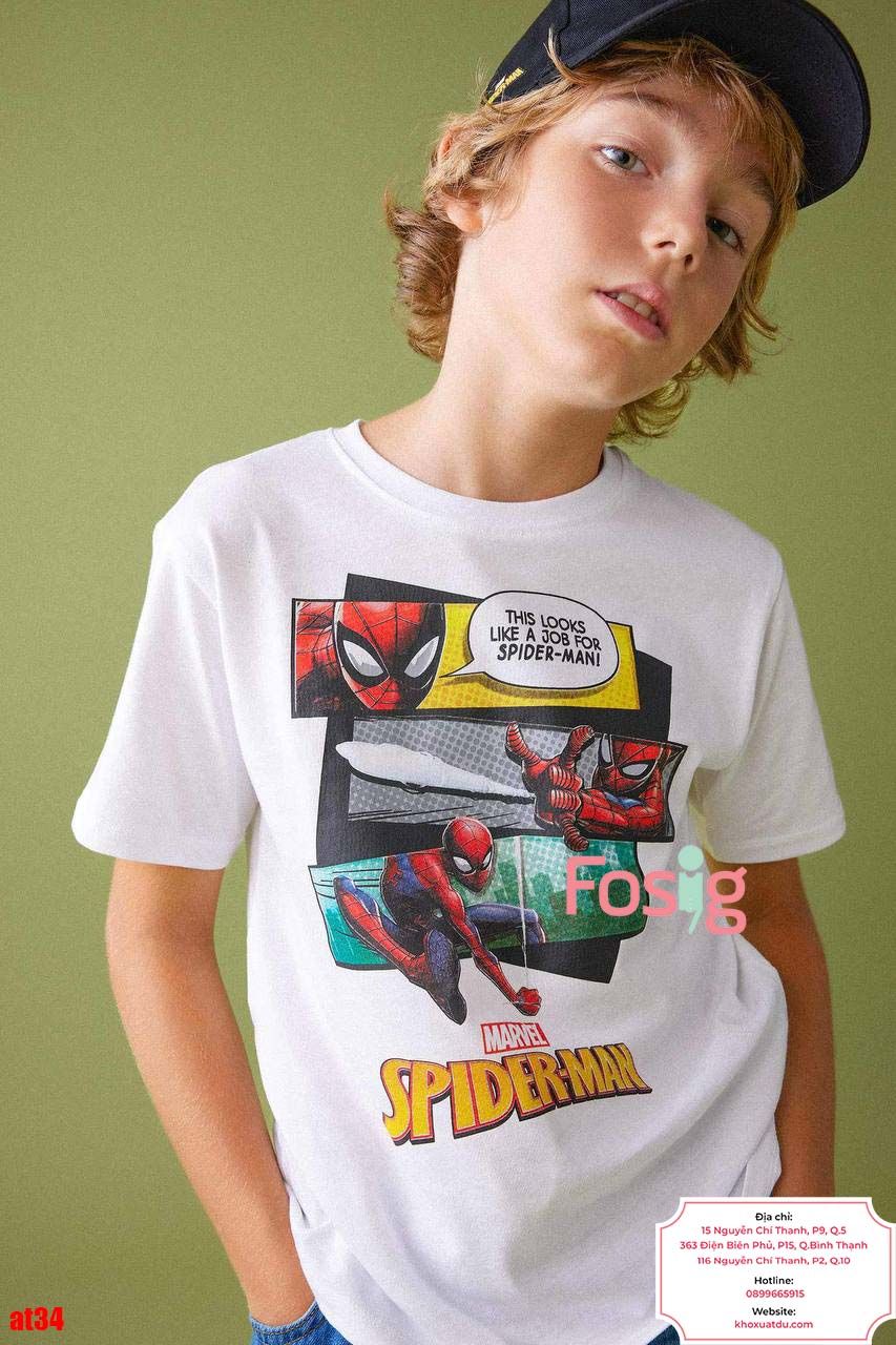  [27-35kg] Áo Thun Tay Ngắn Bé Trai HM140 - Trắng Marvel Spiderman 
