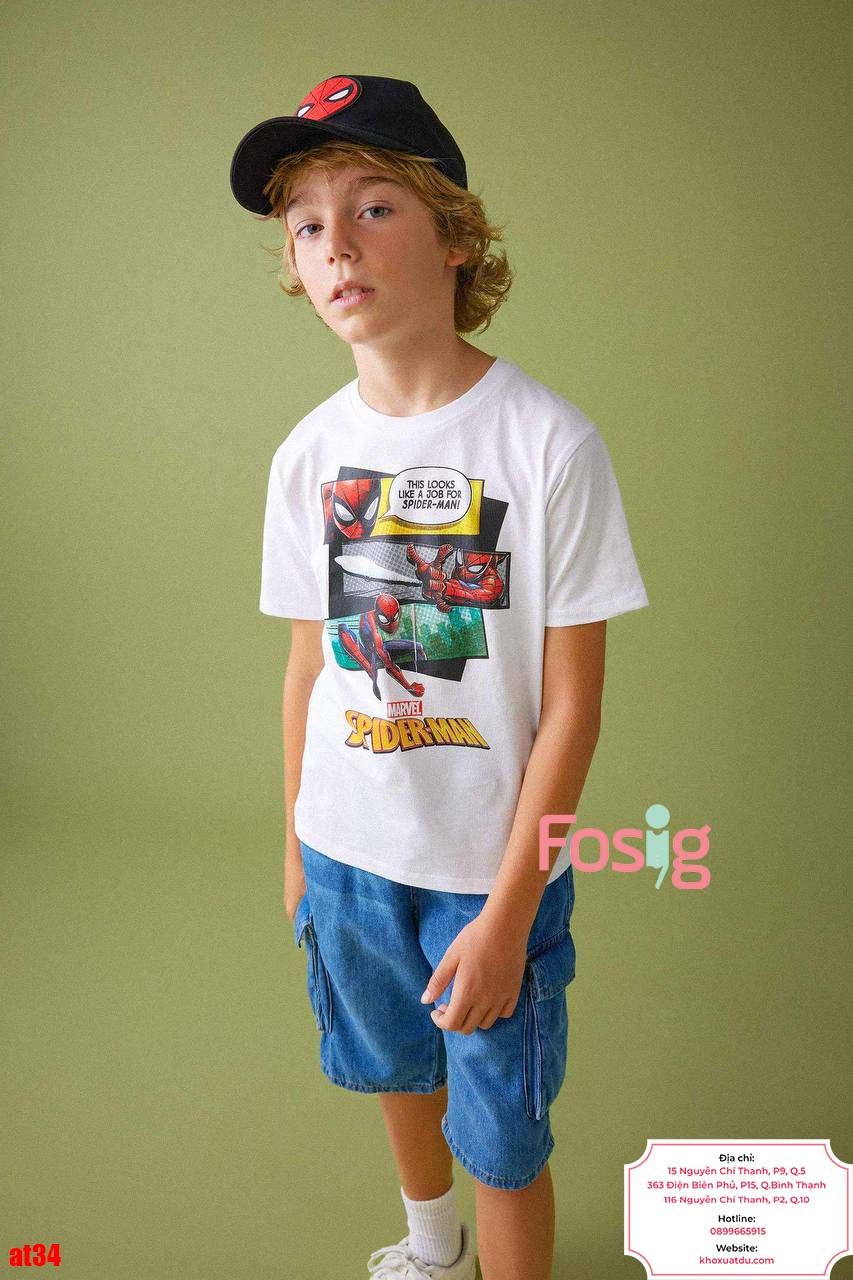  [27-35kg] Áo Thun Tay Ngắn Bé Trai HM140 - Trắng Marvel Spiderman 