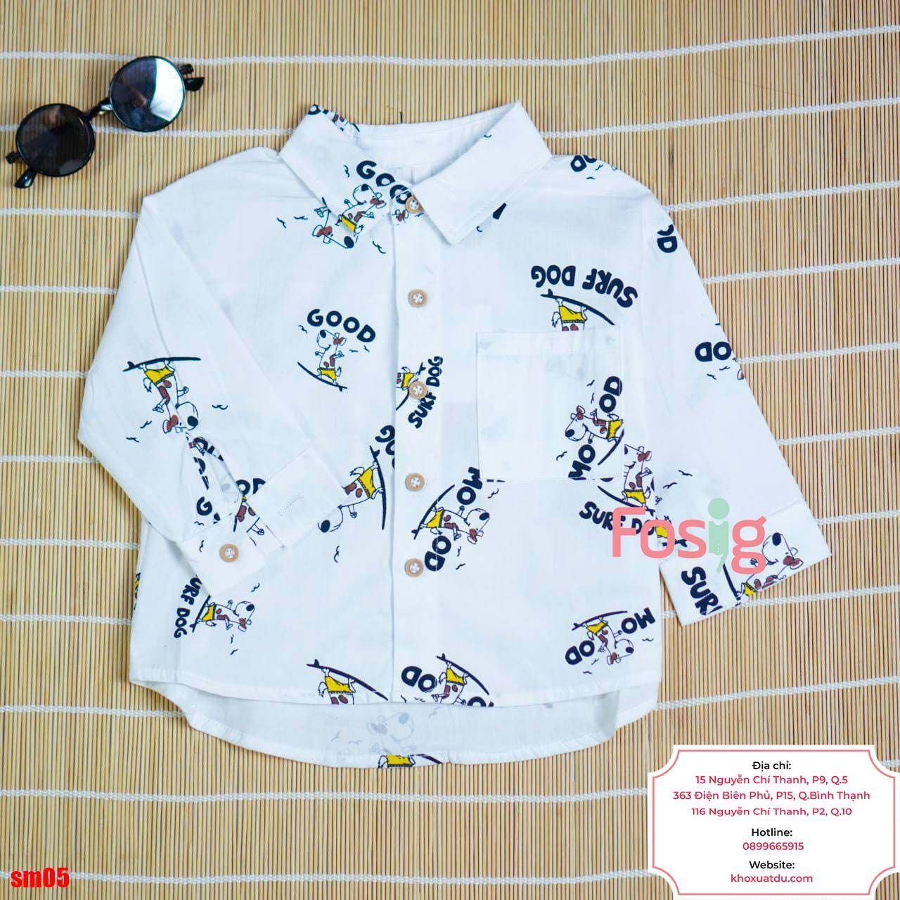  [17-19kg] Áo Sơ Mi Tay Dài Bé Trai - Trắng Chó Snoopy 