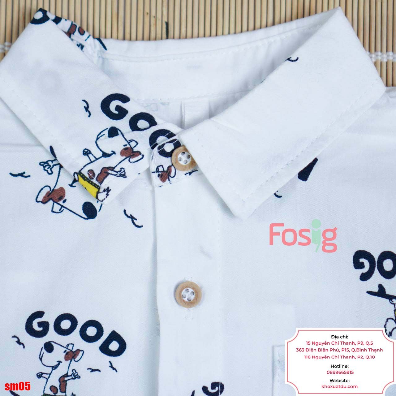  [17-19kg] Áo Sơ Mi Tay Dài Bé Trai - Trắng Chó Snoopy 