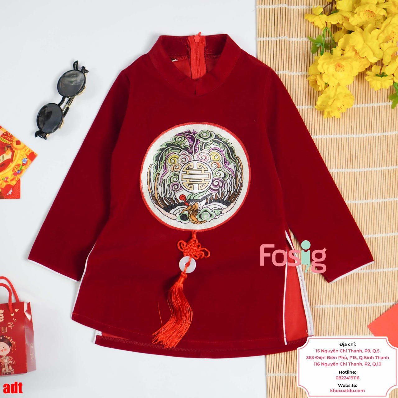  [28-30kg 40-45kg] Áo Dài Nhung Bé Trai - Đỏ Phượng Hoa Văn 