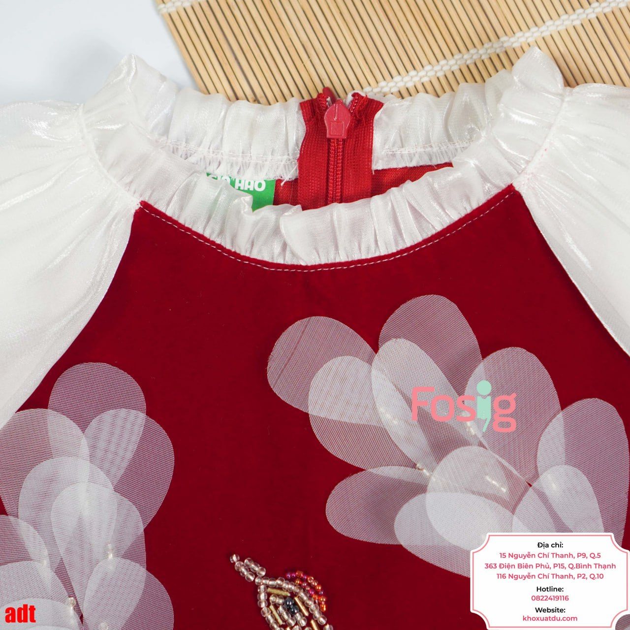  [8-9kg; 18-19kg; 25-35kg ] Set Áo Dài Nhung Chân Váy Bé Gái - Đỏ Phượng Cườm 
