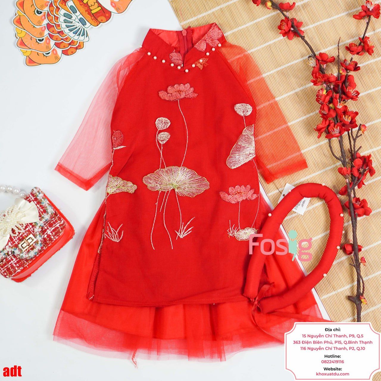  [8-15kg] Set Áo Dài Chân Váy Bé Gái - Đỏ Hoa Sen 