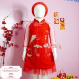  [8-15kg] Set Áo Dài Chân Váy Bé Gái - Đỏ Hoa Sen 