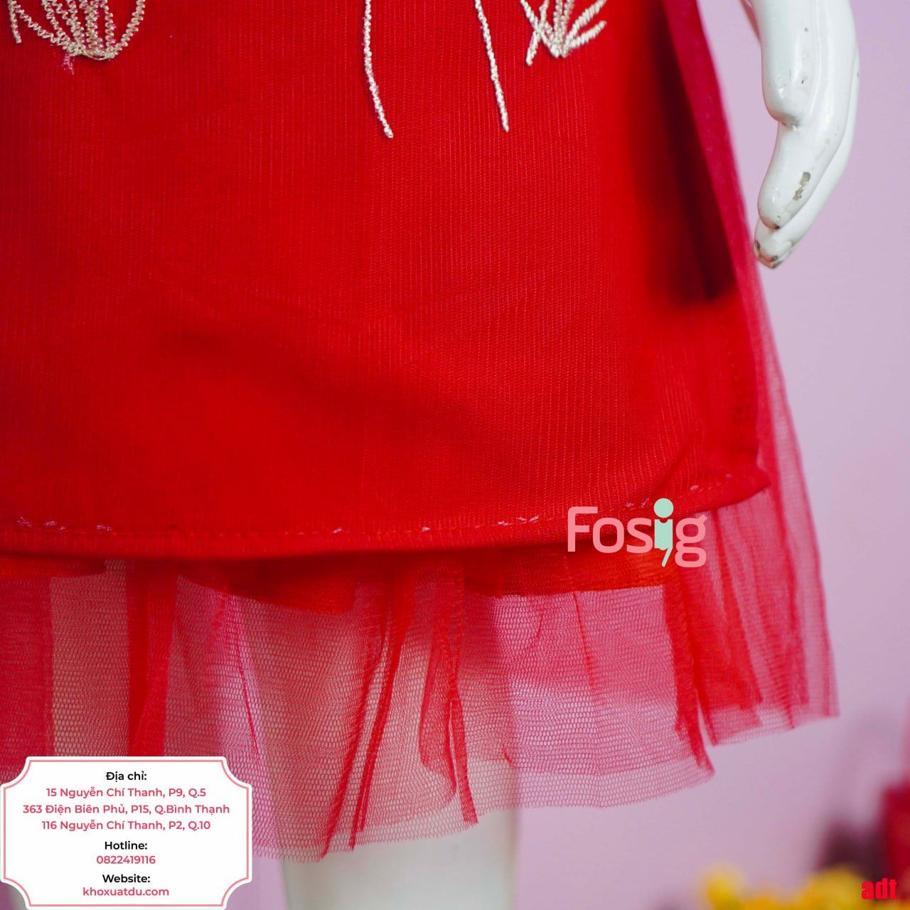  [8-15kg] Set Áo Dài Chân Váy Bé Gái - Đỏ Hoa Sen 