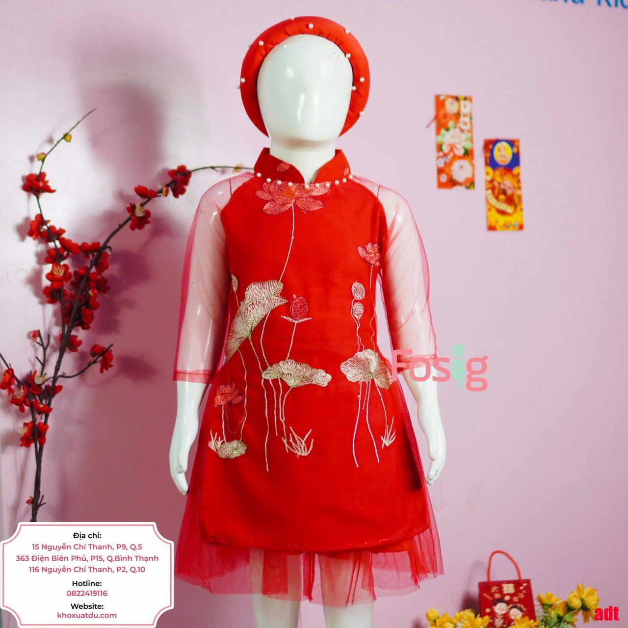  [8-15kg] Set Áo Dài Chân Váy Bé Gái - Đỏ Hoa Sen 