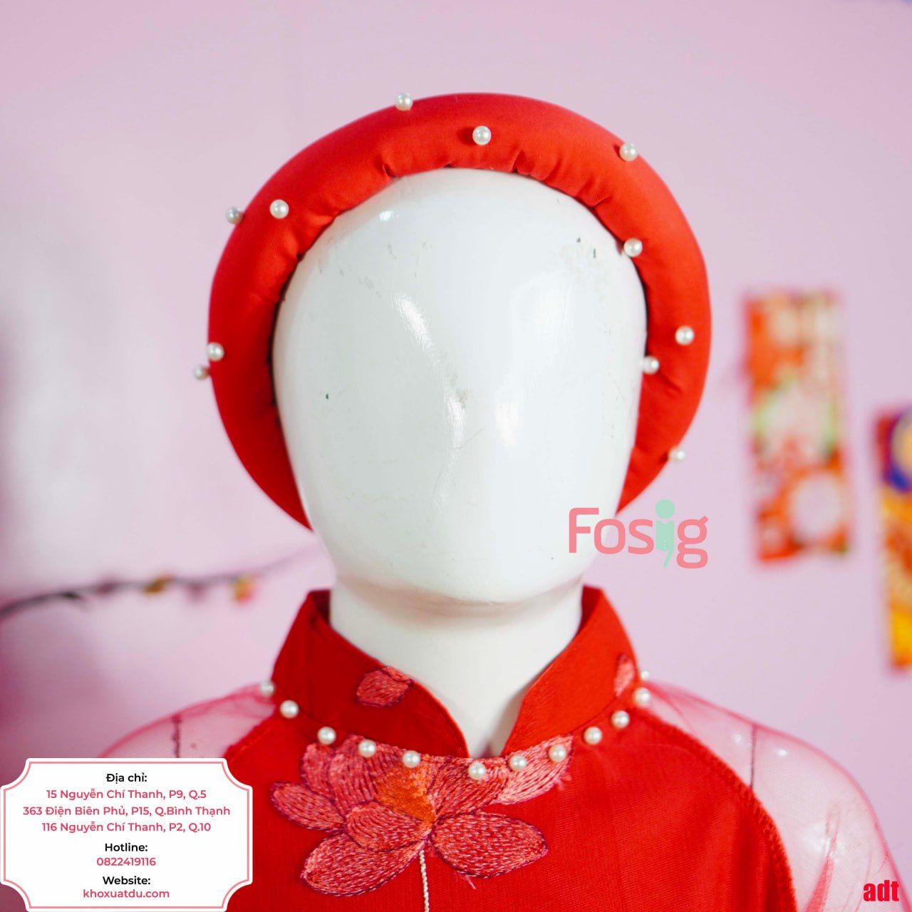  [8-15kg] Set Áo Dài Chân Váy Bé Gái - Đỏ Hoa Sen 