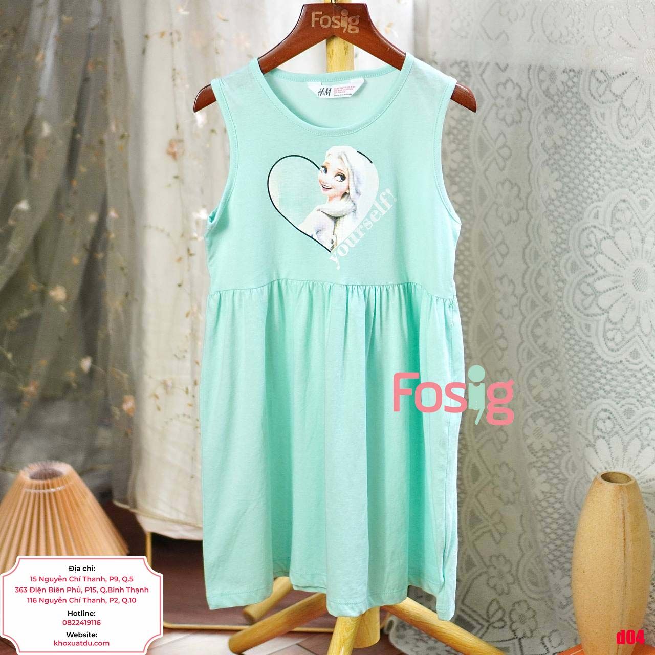  [23-30kg] Đầm Thun Cotton Sát Nách HM Bé Gái - Xanh Ngọc Công Chúa 
