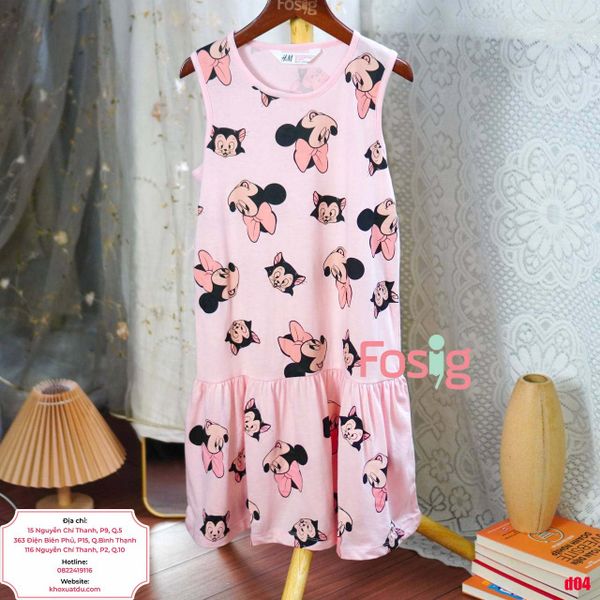  [27-30kg] Đầm Thun Cotton Sát Nách HM Bé Gái - Hồng Nhạt Minnie Cún 