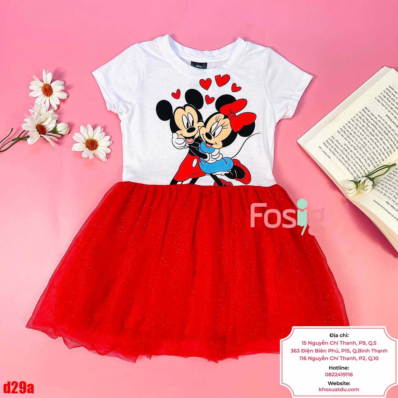  [10-15kg; 18-23kg] Đầm Tay Ngắn Thun Phối Voan Bé Gái - Trắng Mickey Minnie 