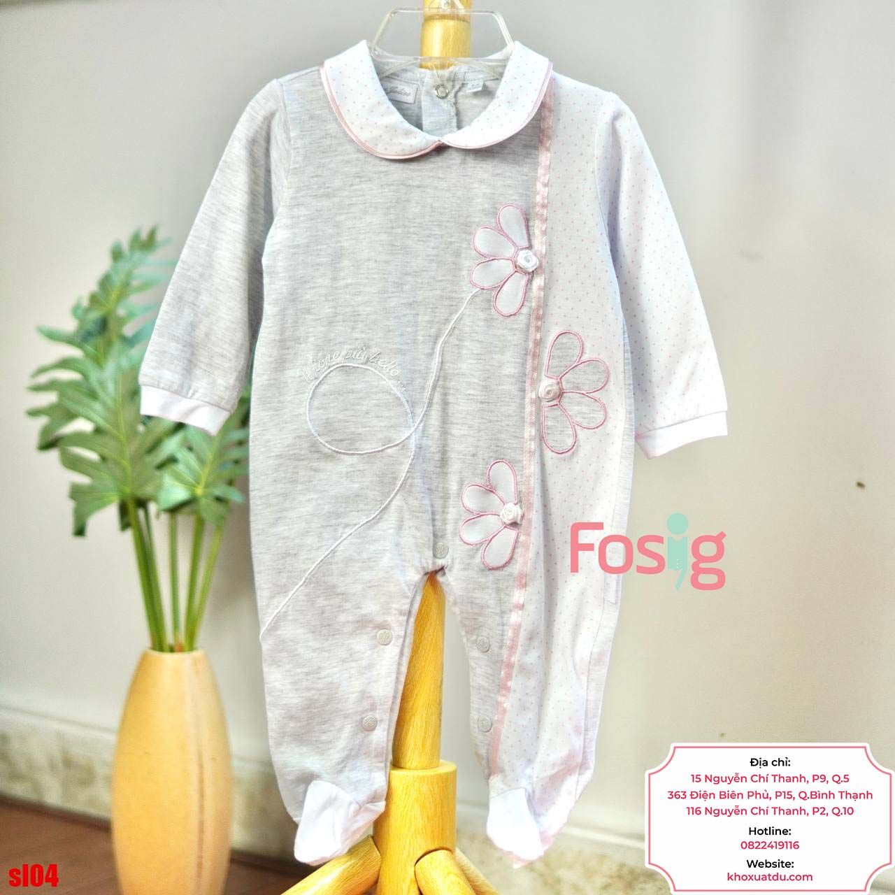  [6-9m] Sleepsuit Có Vớ Bé Gái - Xám Hoa Trắng Chấm 