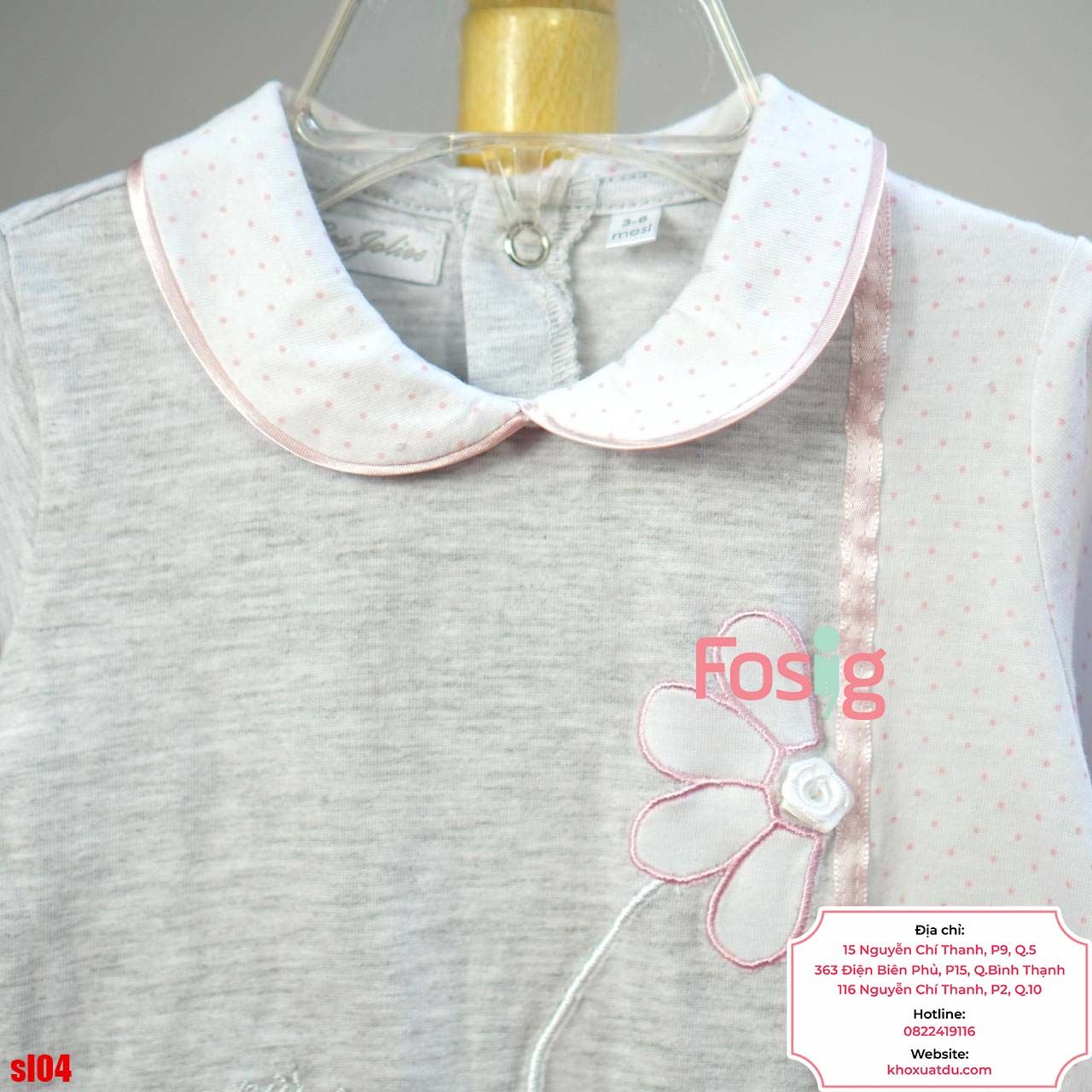  [6-9m] Sleepsuit Có Vớ Bé Gái - Xám Hoa Trắng Chấm 