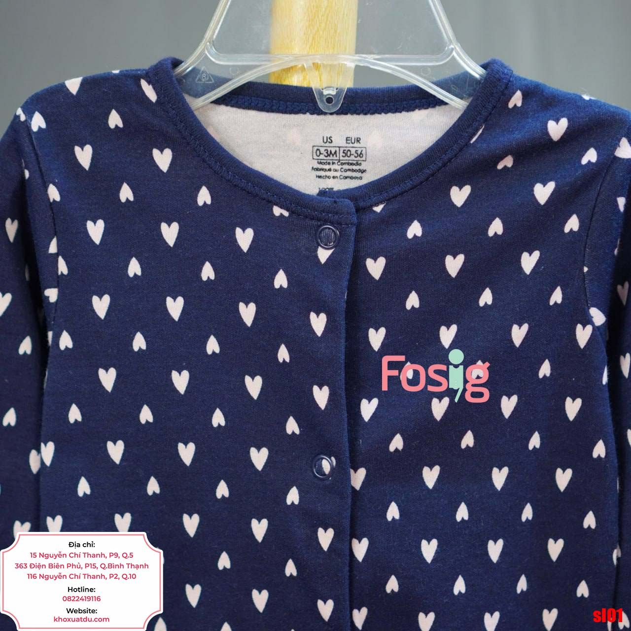  [6m] Sleepsuit Cúc Bấm Có Vớ Bé Gái Geo - Navy Tim Hồng 