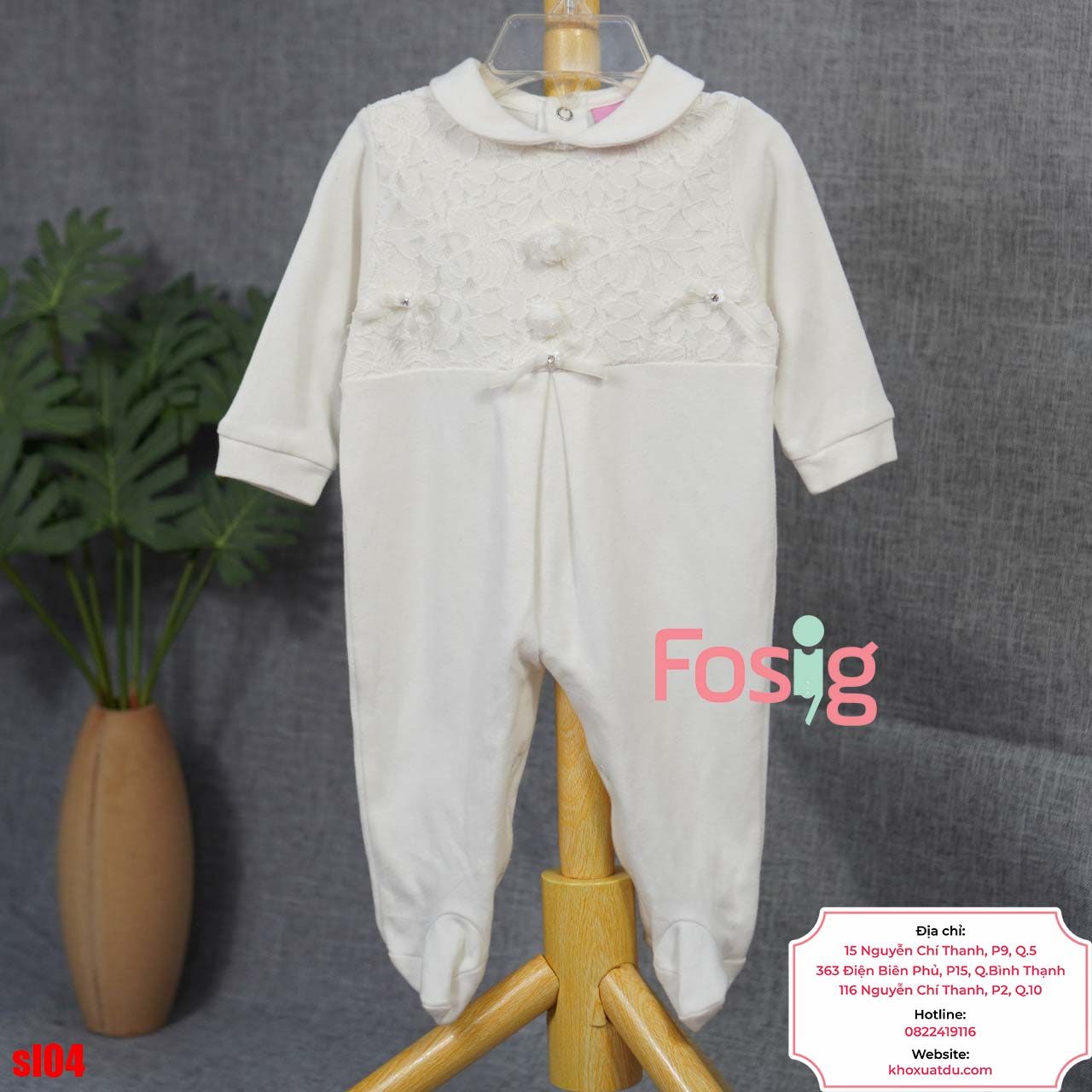  [6m] Sleepsuit Có Vớ Bé Gái - Trắng Hoa Ren 