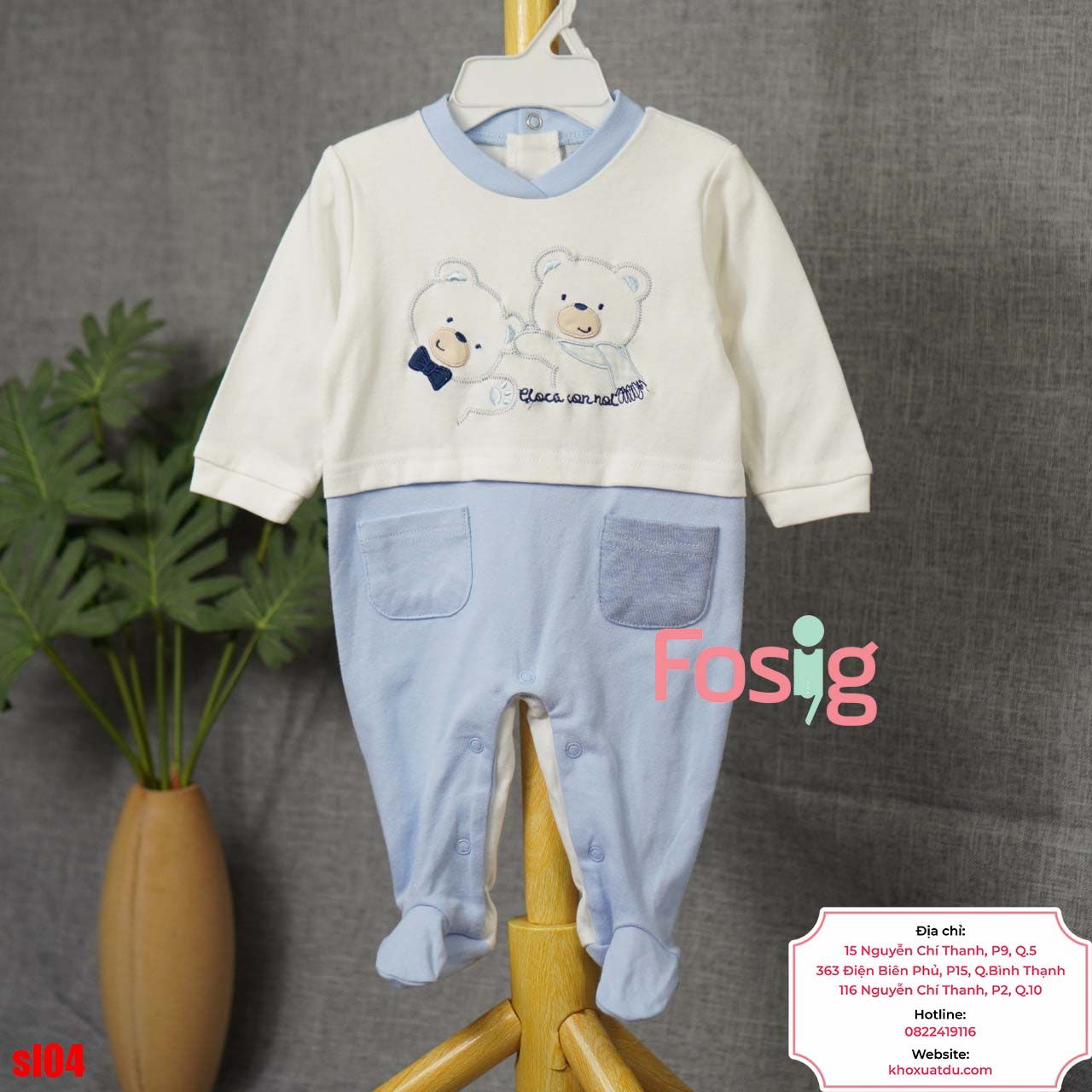  [6-9m] Sleepsuit Có Vớ Bé Trai - Trắng Xanh Gấu 