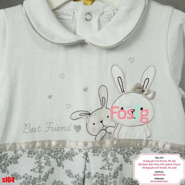  [3-6m] Sleepsuit Có Vớ Bé Gái - Trắng Thỏ Hoa Xám 