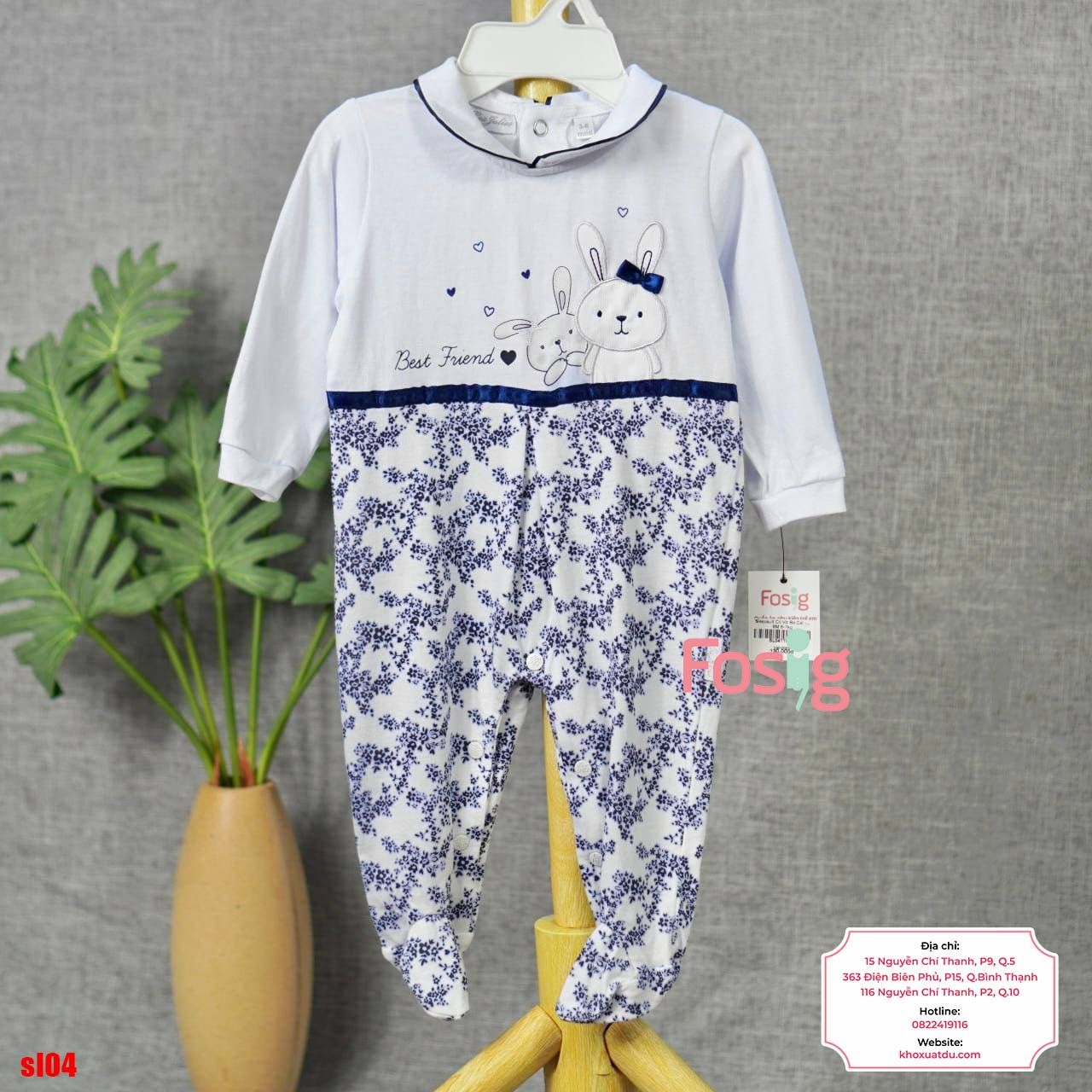  [6m] Sleepsuit Có Vớ Bé Gái - Trắng Thỏ Hoa Navy 