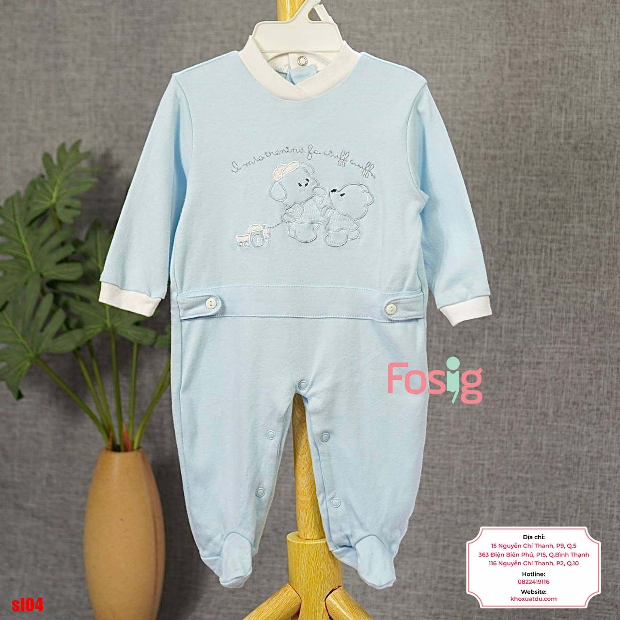  [6m] Sleepsuit Có Vớ Bé Trai - Xanh Gấu Nón Trắng 