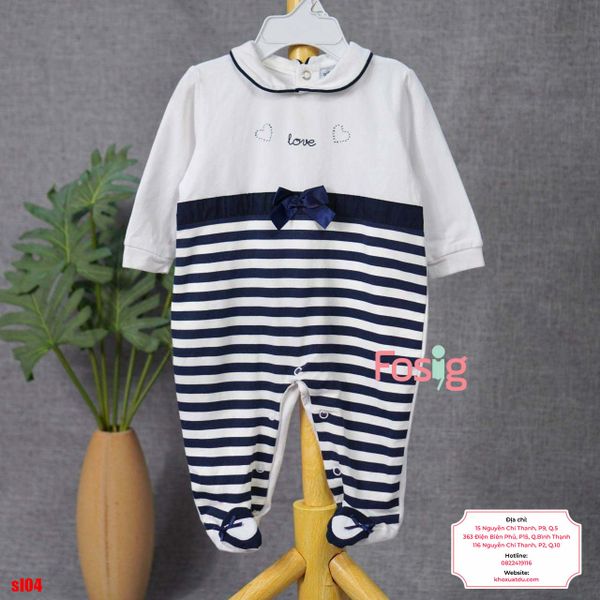  [6m] Sleepsuit Có Vớ Bé Gái - Trắng Sọc Navy Love 