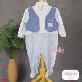  [6m] Sleepsuit Có Vớ Bé Trai - Trắng Xanh Gấu Nơ 