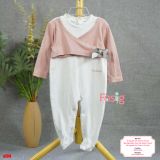  [9m] Sleepsuit Có Vớ Bé Gái - Hồng Trắng Nơ Xám 