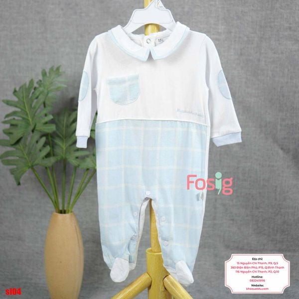  [6m] Sleepsuit Có Vớ Bé Trai - Trắng Caro Xanh 