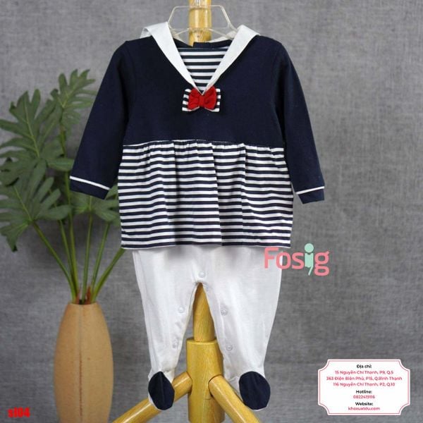  [6m] Sleepsuit Có Vớ Bé Gái - Navy Sọc Nơ Đỏ 