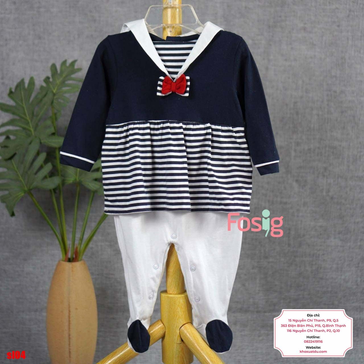  [6m] Sleepsuit Có Vớ Bé Gái - Navy Sọc Nơ Đỏ 