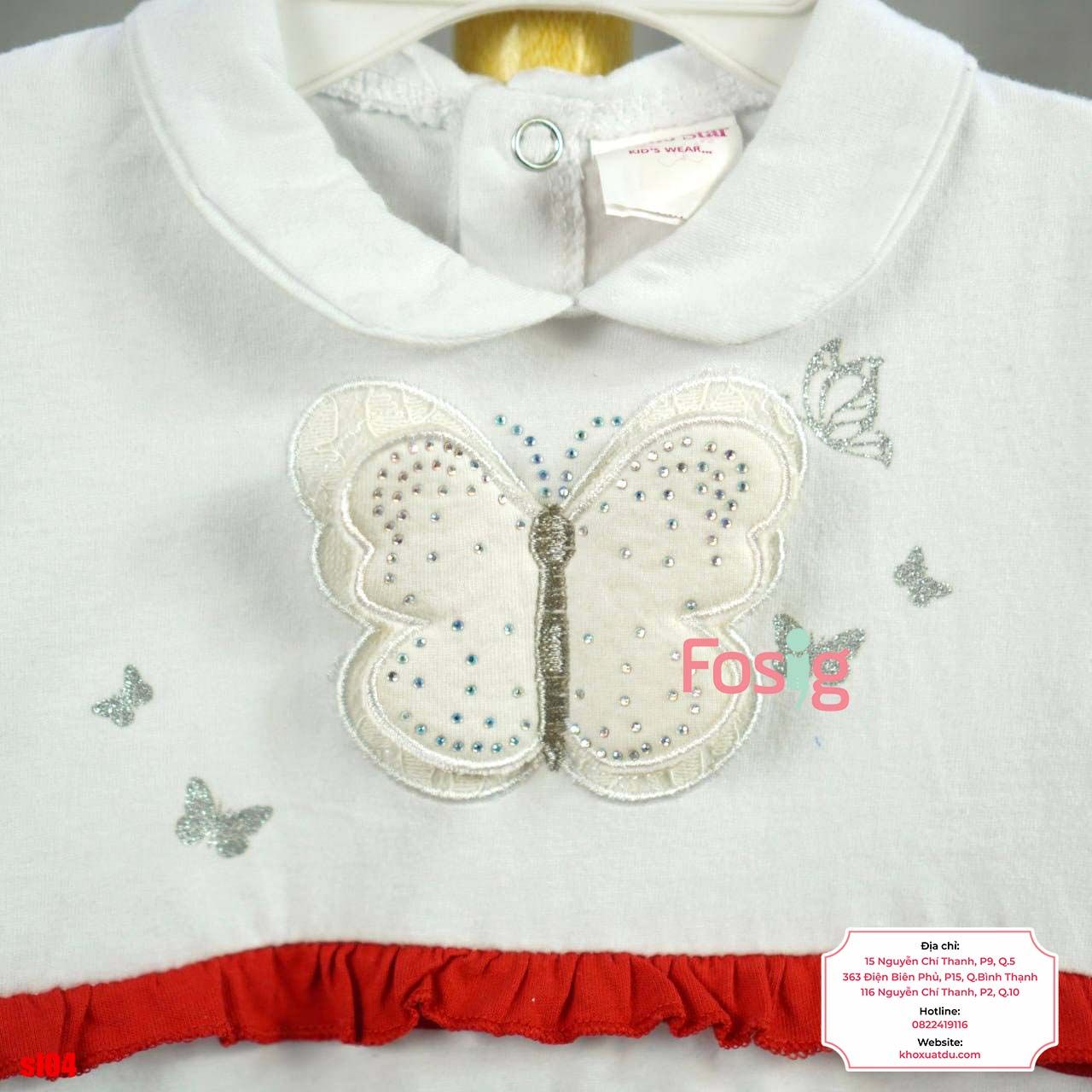  [6m] Sleepsuit Có Vớ Bé Gái - Trắng Sọc Đỏ Bướm 