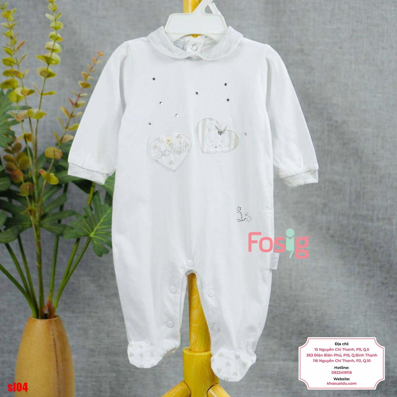  [6-9m] Sleepsuit Có Vớ Bé Gái - Trắng Tim Thỏ Sweet 