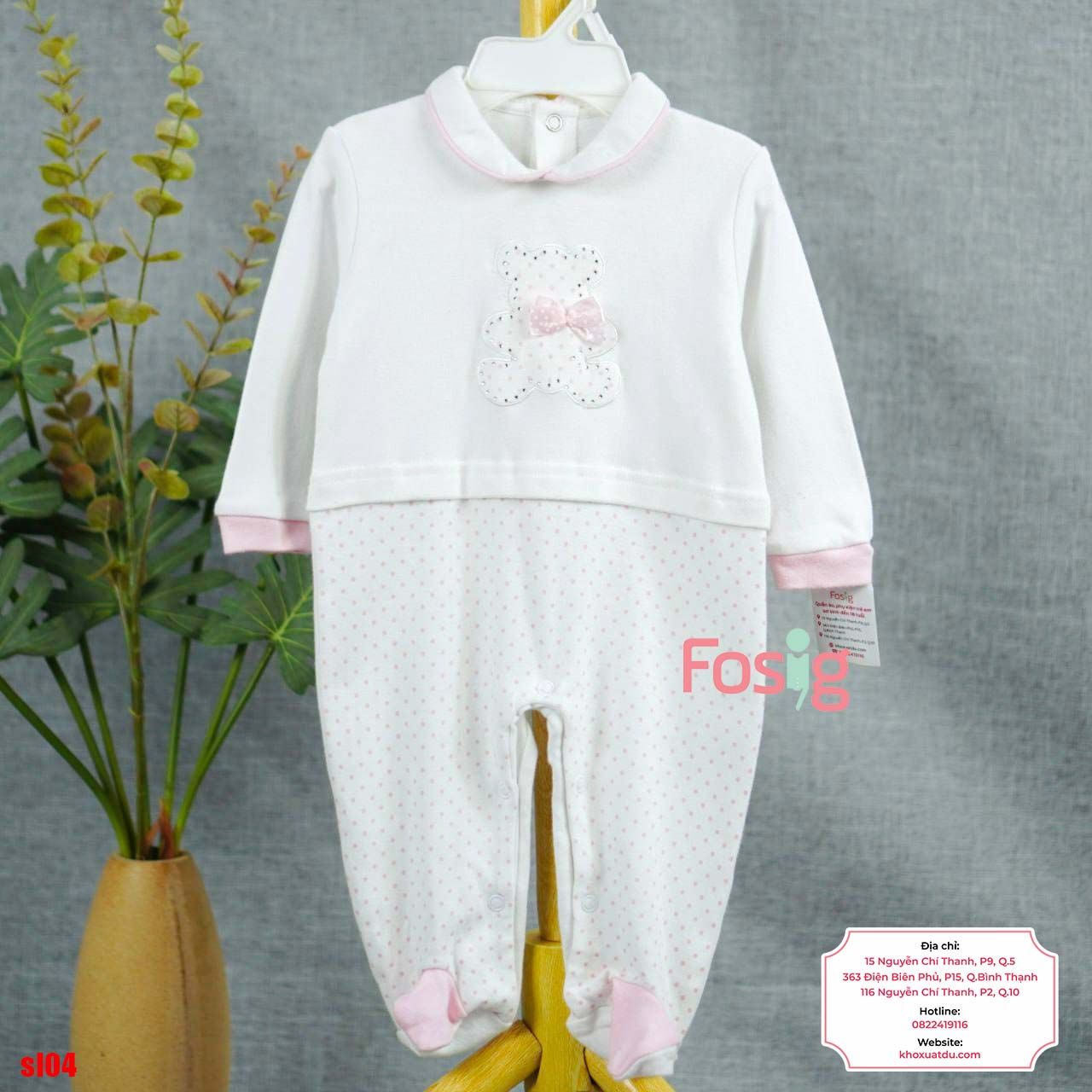  [9m] Sleepsuit Có Vớ Bé Gái - Trắng Gấu Nơ Hồng 