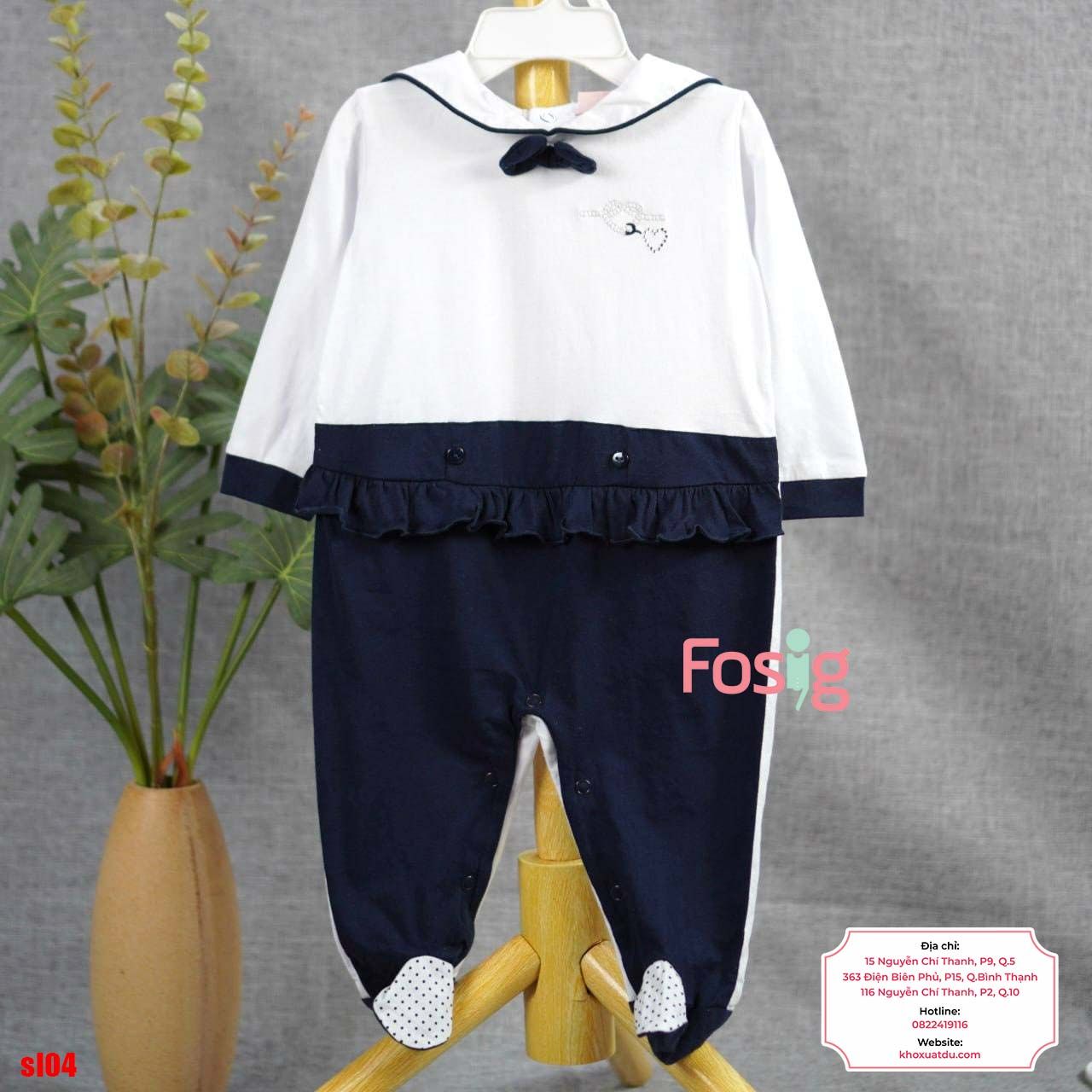  [9m] Sleepsuit Có Vớ Bé Gái - Trắng Navy Bèo 