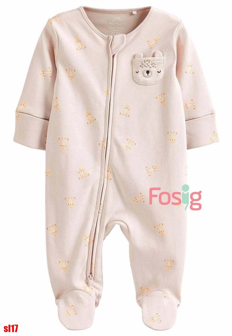  [3-6m] Sleepsuit Có Vớ Khóa Kéo Bé Trai NXT - Kem Xám Gấu 