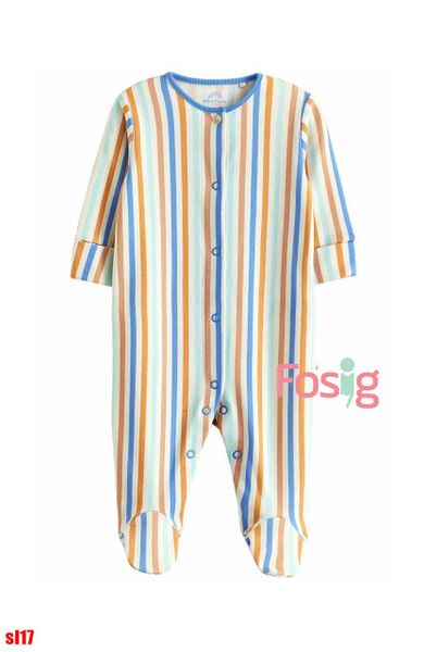  [6-7kg; 11-15kg] Sleepsuit Có Vớ Cúc Bấm Bé Trai NXT - Trắng Sọc Xanh Nâu 