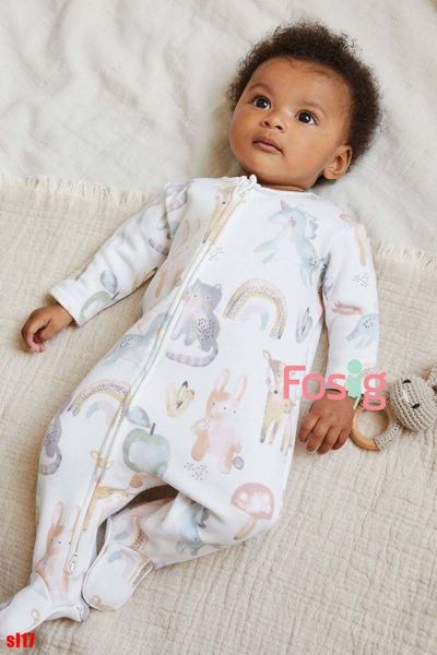  [14-15kg] Sleepsuit Nỉ Có Vớ Khóa Kéo Bé Unisex NXT - Trắng Ngựa Thỏ 