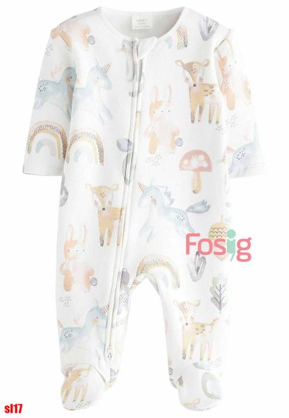  [14-15kg] Sleepsuit Nỉ Có Vớ Khóa Kéo Bé Unisex NXT - Trắng Ngựa Thỏ 