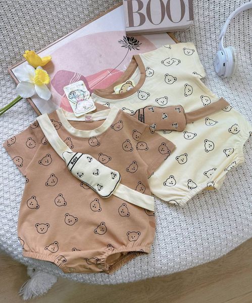  4-12kg Romper Tay Ngắn Gấu Thêu Bình Sữa Nổi Cho Bé Unisex - Nâu Gấu 