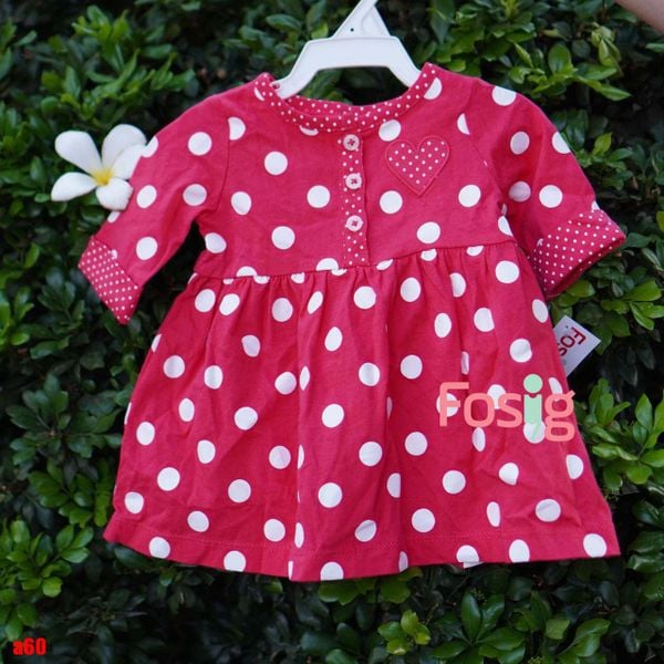  [3m-6m; 18-24m] Đầm Cotton Tay Dài Bé Gái Cter - Đỏ Chấm Trắng 