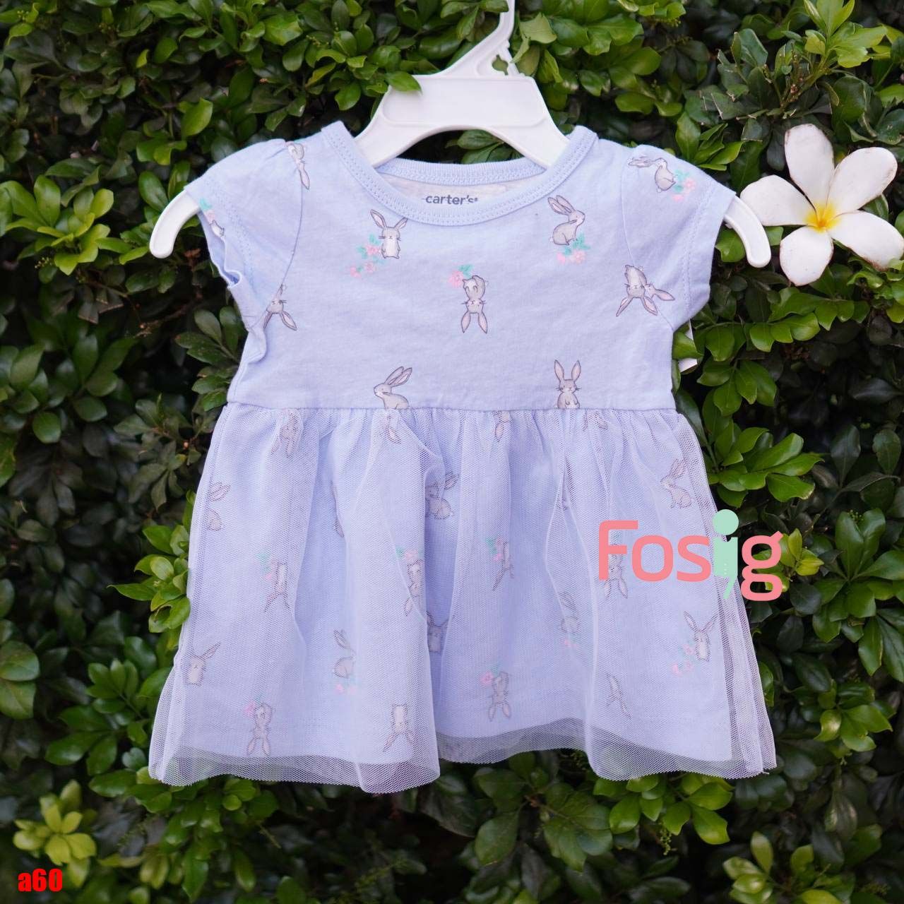  [0-9M] Đầm Cotton Tay Ngắn Bé Gái Cter - Xanh Trời Thỏ 