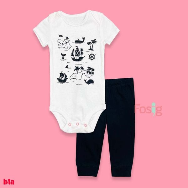  [0-9m] Set Body Kèm Quần Bé Trai Carter - Trắng Hải Tặc 