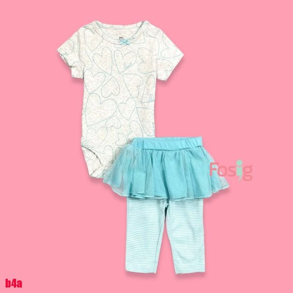  [0-3m] Set Body Kèm Quần Bé Gái Carter - Xám Tim Xanh 