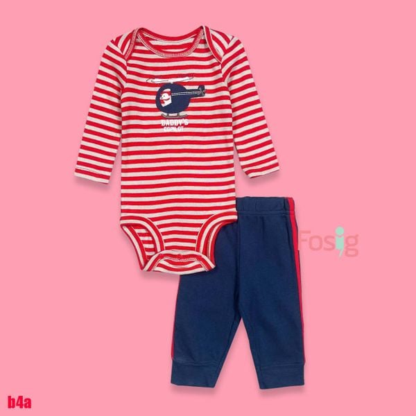  [0-3m] Set Bodysuit Và Quần Bé Trai Cter - Sọc Đỏ Trực Thăng 
