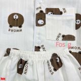  [6-13kg] Set Đồ Bộ Ngủ Ngắn Pijama Vải Xô Cho Bé - Trắng Gấu Nâu 