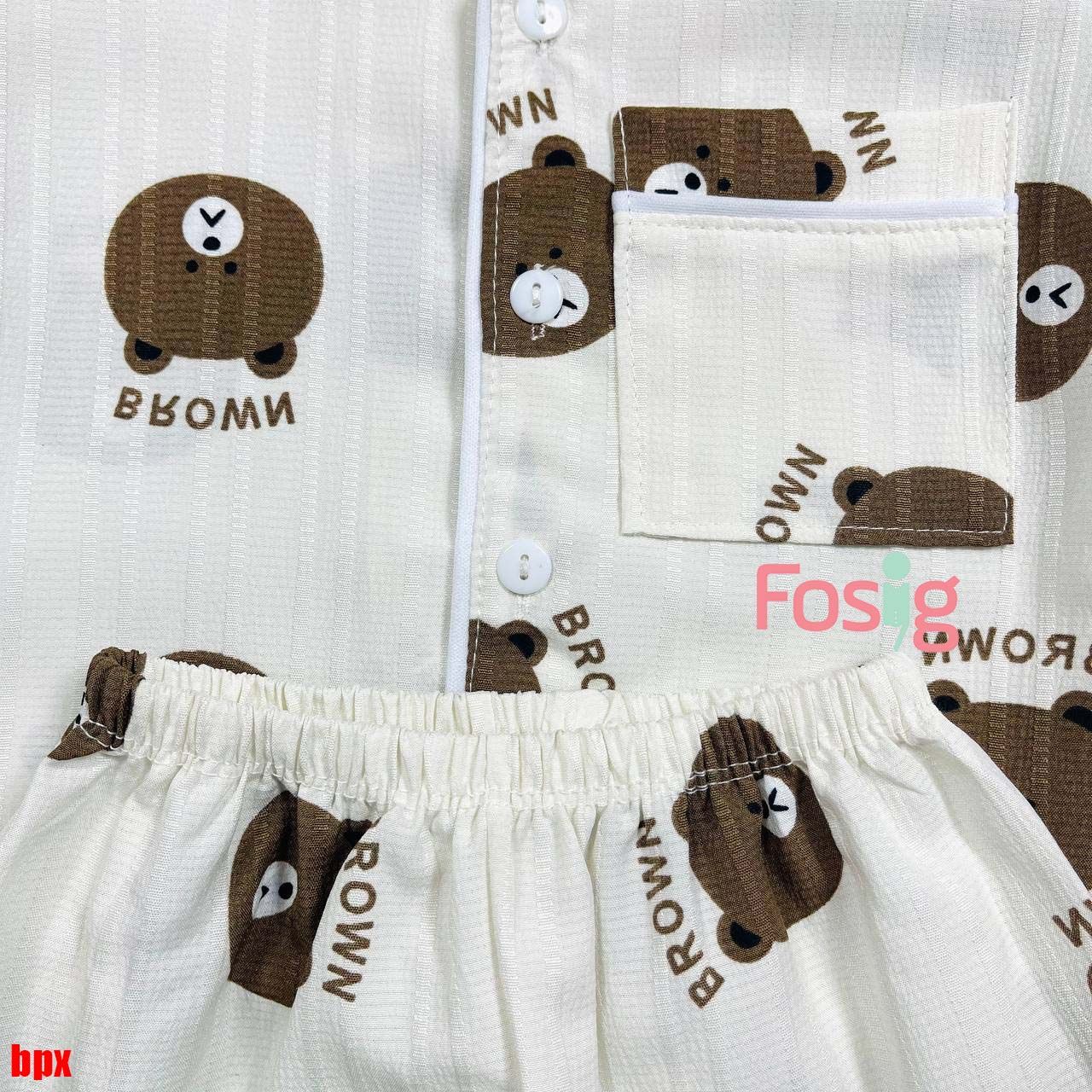  [6-15kg] Set Đồ Bộ Ngủ Ngắn Pijama Vải Xô Cho Bé - Trắng Gấu Nâu 