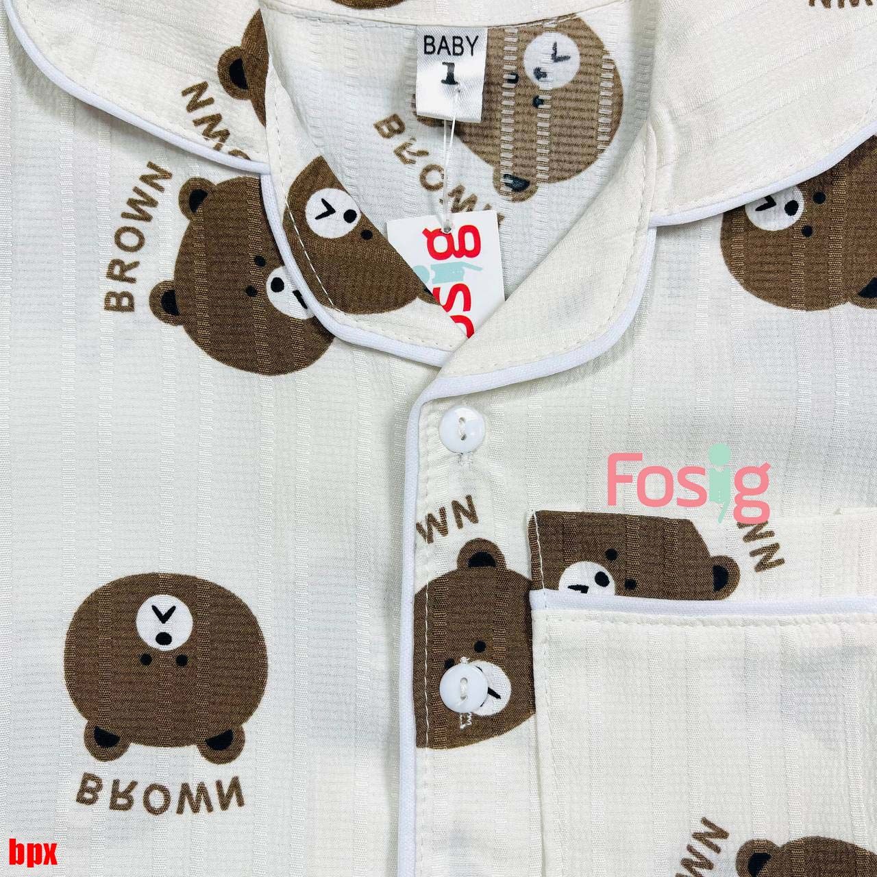  [6-13kg] Set Đồ Bộ Ngủ Ngắn Pijama Vải Xô Cho Bé - Trắng Gấu Nâu 