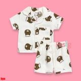  [6-13kg] Set Đồ Bộ Ngủ Ngắn Pijama Vải Xô Cho Bé - Trắng Gấu Nâu 