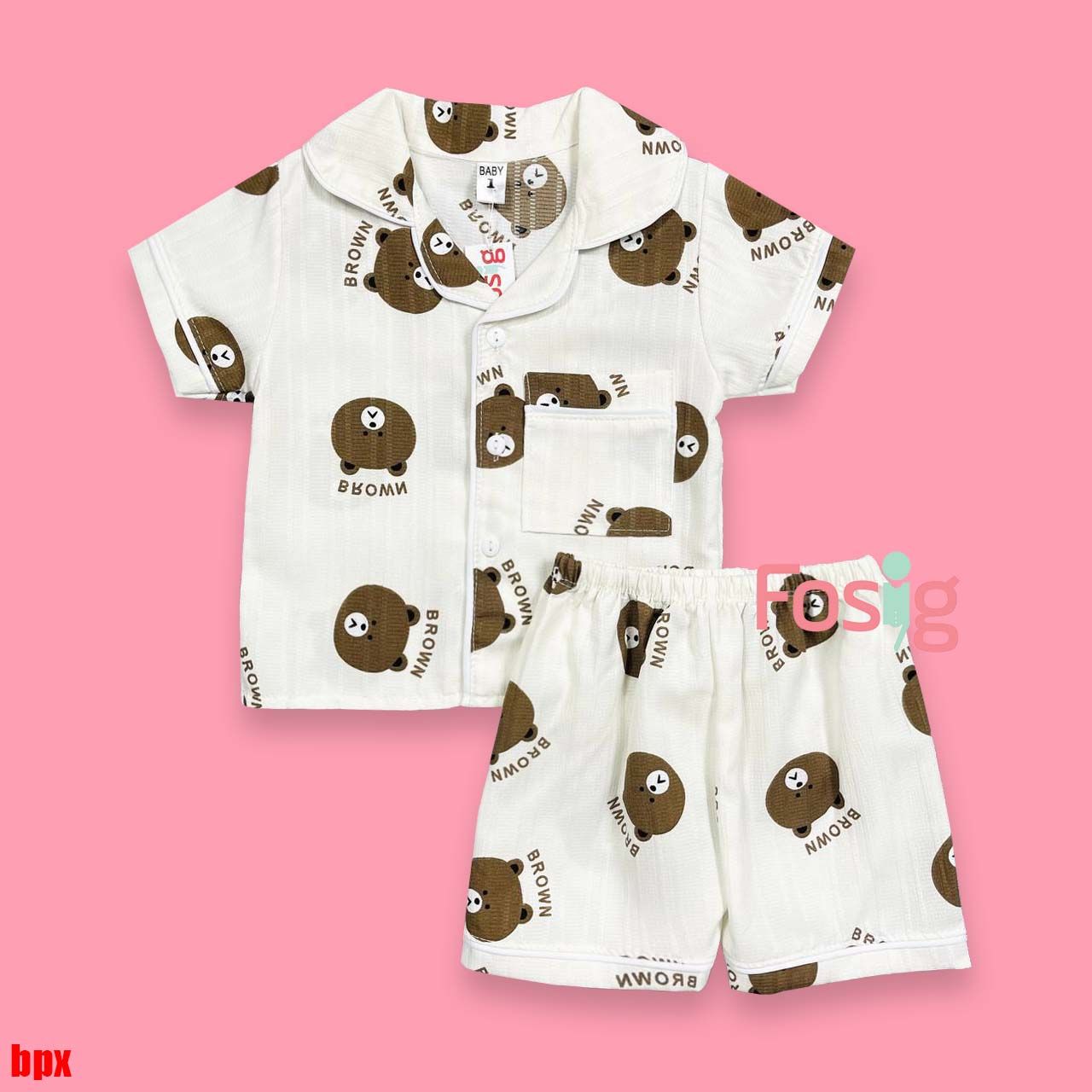  [6-13kg] Set Đồ Bộ Ngủ Ngắn Pijama Vải Xô Cho Bé - Trắng Gấu Nâu 